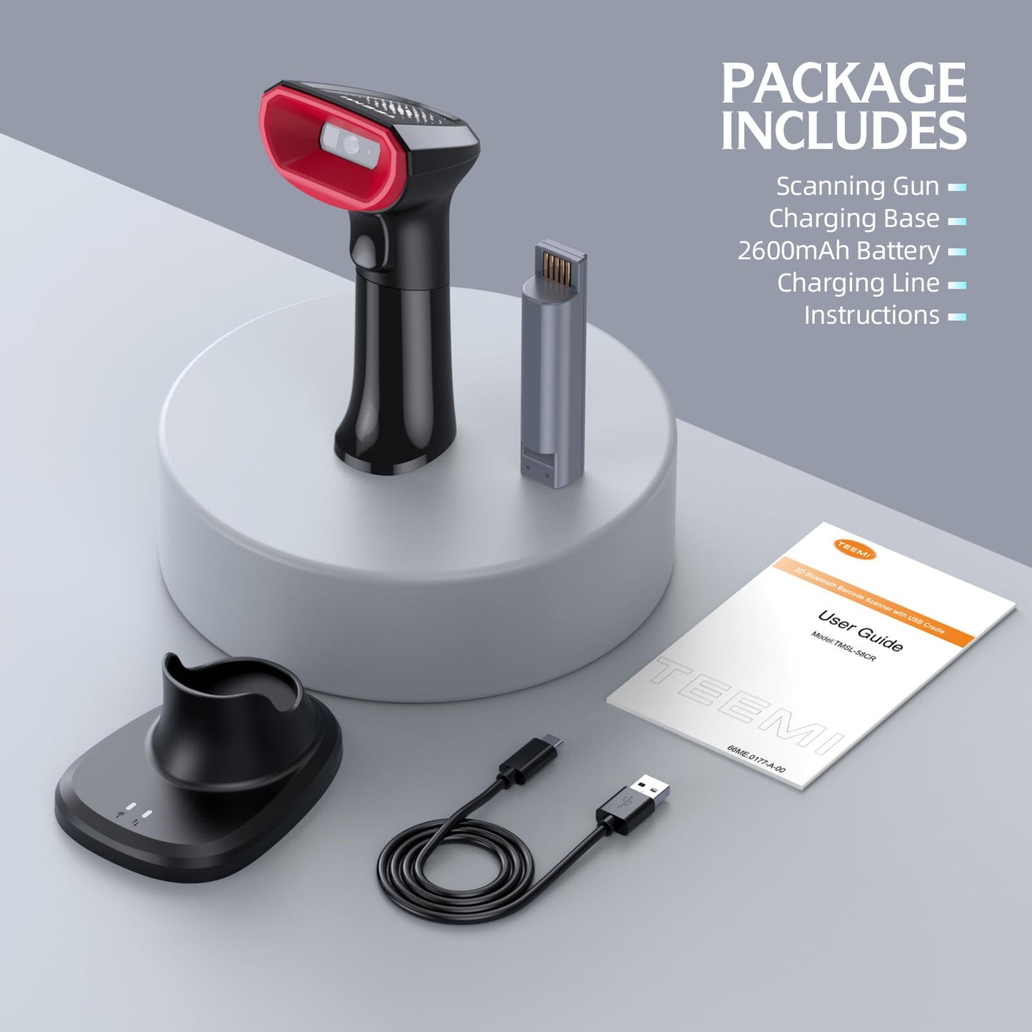 TEEMI TMSL-58CR 2D Bluetooth Barcode Scanner with USB Cradle, Easy Replaceable Battery, Handsfree Auto Scanning, Rechargeable Wireless UPC QR Code Reader for Warehouse, Supermarket, Retail Store POS