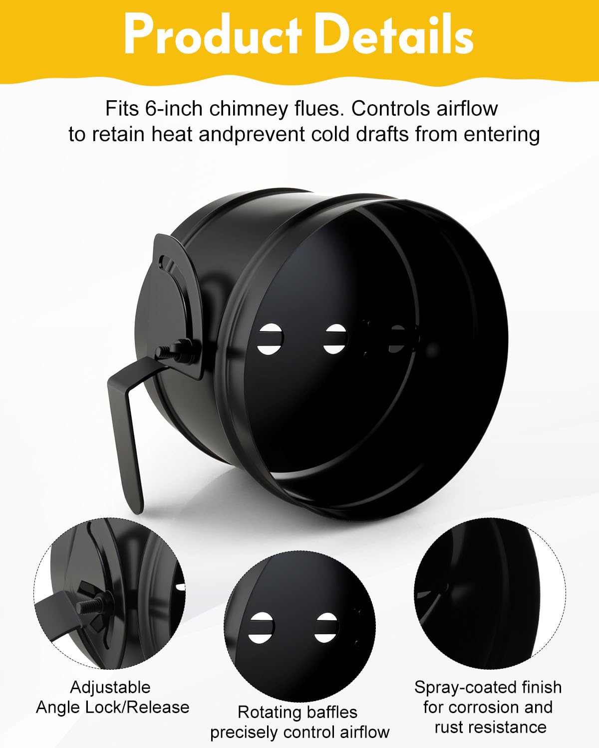 MUZIK 6 Inch Stove Pipe Damper, Air Insulated Stainless Steel Damper to Improve Thermal Efficiency, Reduces Heat Loss & Prevents Cold Drafts, Stove Top Connecting Adapter (Black)