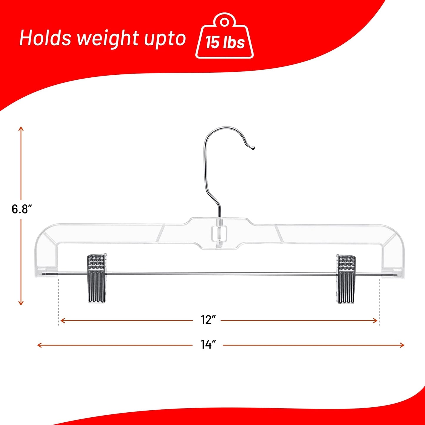 DEILSY™ Pants Hangers with Clips 12 Pack – 14 Inch Clear Plastic Skirt Hangers, 360° Swivel Hook, Clip Hangers for Pants, Skirts, Jeans, Shorts & Trousers – Space Saving, Non-Slip