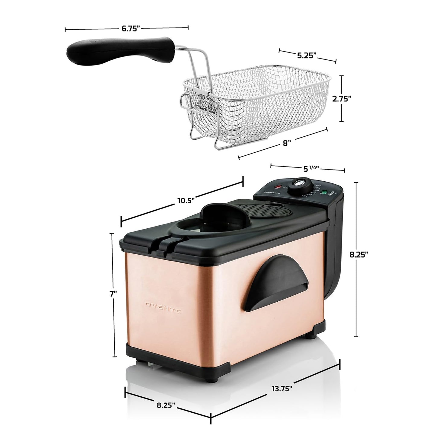 OVENTE Electric Deep Fryer 2L Capacity, Lid with Viewing Window, Adjustable Temperature, Removable Frying Basket & Cool Touch Handle, 1500W Power, Easy to Clean Stainless Steel Body, Copper FDM2201CO