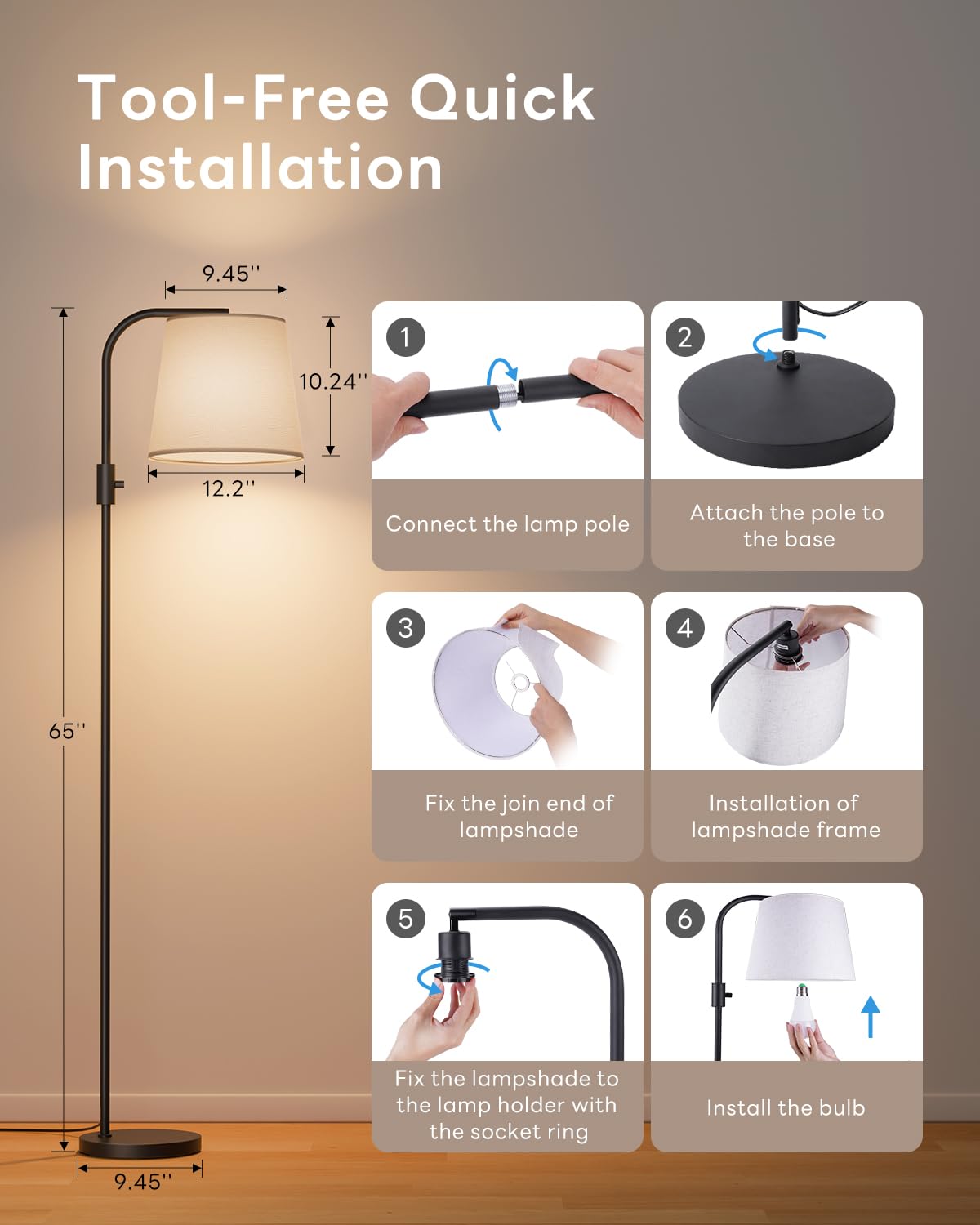 VARICART Dimmable Arc Floor Lamp, 1200 Lumens RGBCW Color Change Bulb Included, Standing Lamp with Linen Shade, 65" Tall Lamp with Remote for Living Room, Bedroom, Office, Dining Room, Kitchen, Black