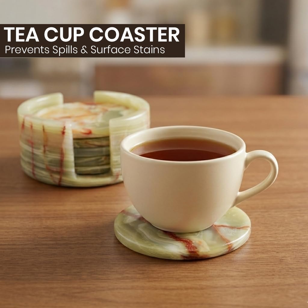 Green Onyx Marble Coasters Set of 6 with Holder, 3.5 Inch Round Drink Coasters for Tabletop and Coffee Table Decor