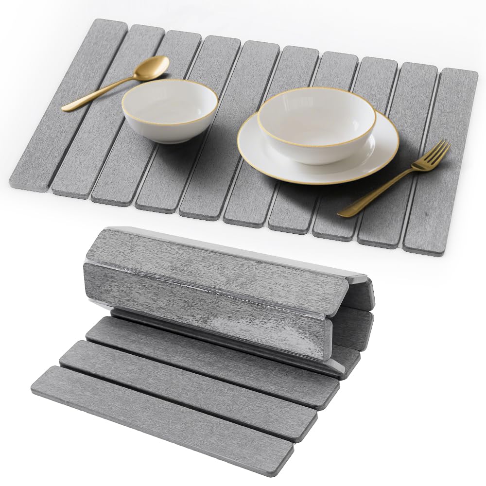 Stone Drying Mat for Kitchen Counter, Quick Diatomaceous Earth Mats for Dishes, 24"L x 16" W Super Absorbent Fast-Drying Collapsible Countertop Stone Mat (Light Grey, 24" x 16")
