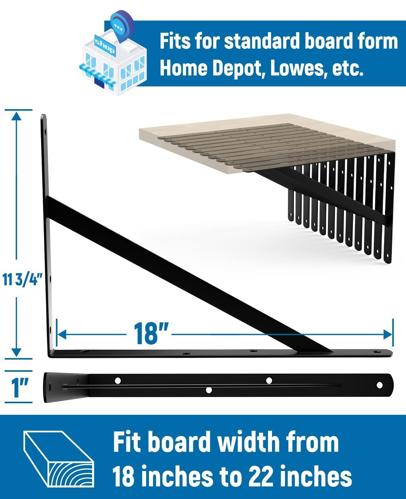 8-Pack 18 Inch Heavy Duty Shelf Brackets, Large Floating Wall Bracket for Garage Storage Shelves, Black Powder-Coated Finish, Load Capacity 800lbs