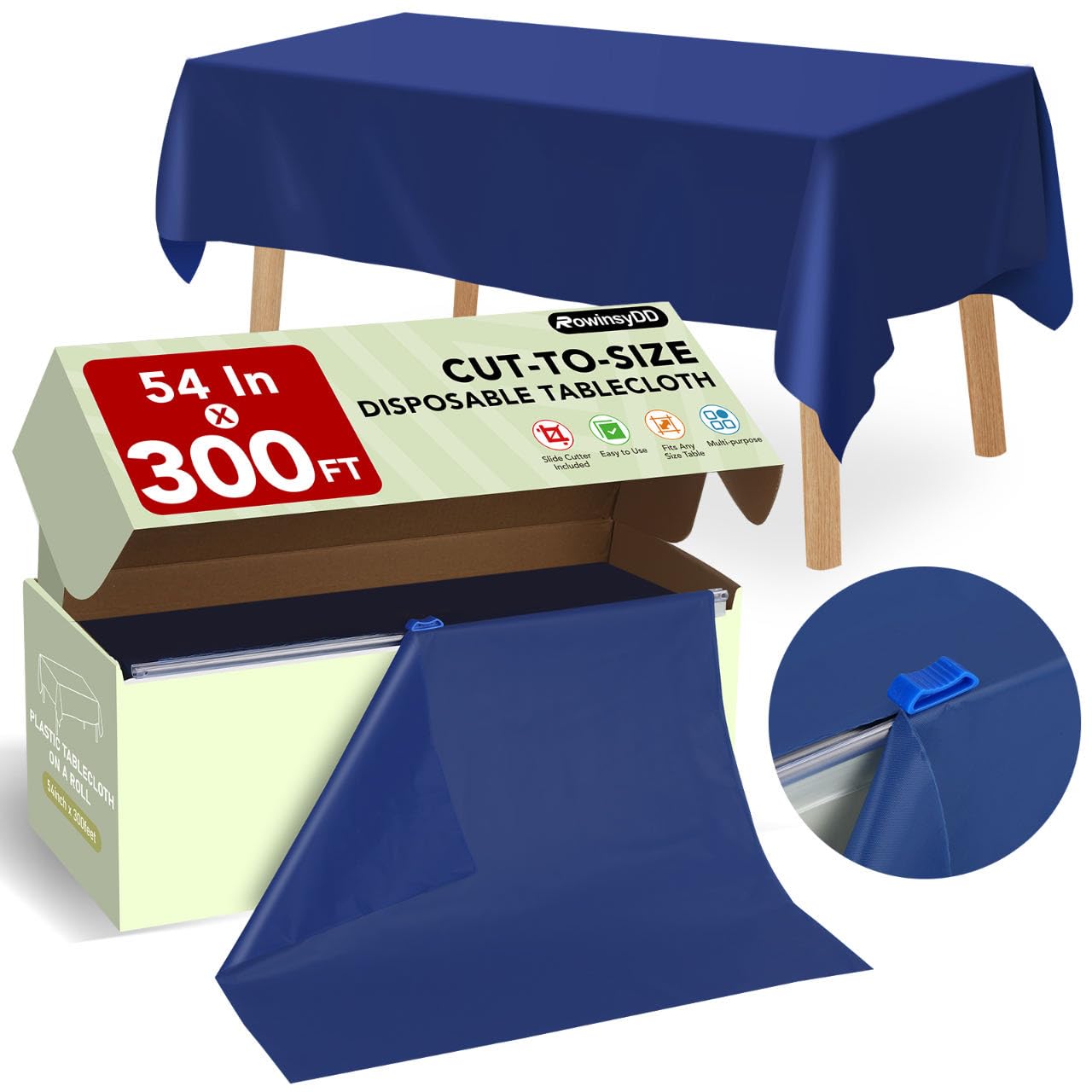 54 in X 300 FT Blue Plastic Table Cover Roll with Slide Cutter, Cuts Up to 36 Rectangle 8 Feet Disposable Plastic Table Cloths, Disposable Table Cover Roll for Dinning, Parties, BBQ, Wedding, Outdoor