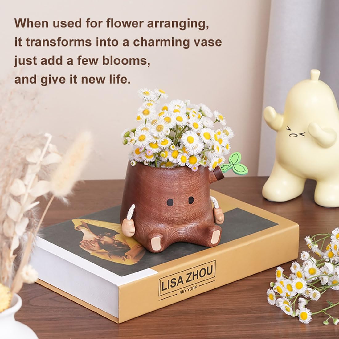 Stump Pen Holder – Cute Wooden Desk Organizer, Fairy Tale Tree Stump Pencil Cup for Stationery, Makeup Brushes, Dried Flowers, Solid Wood Desktop Decor Gift