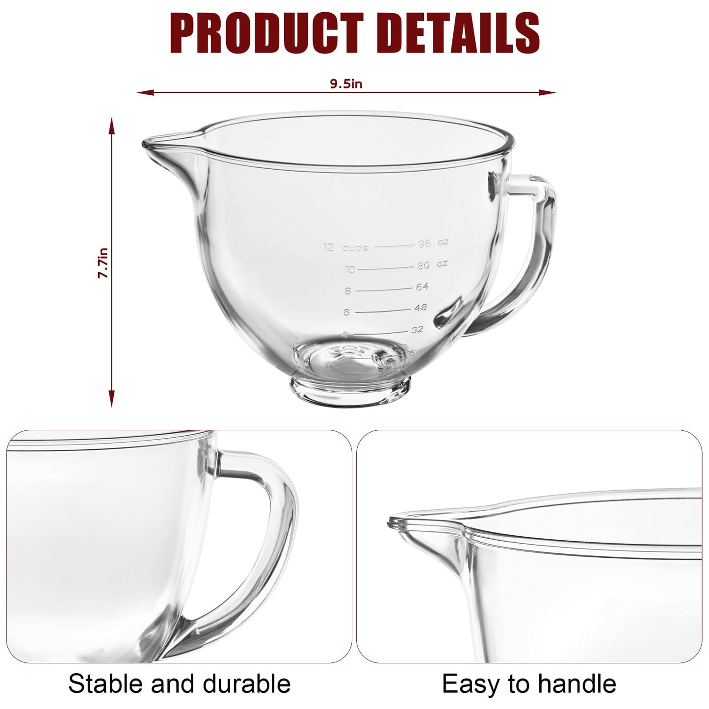 Double-layer Thickened Glass Mixer Bowl For Kitchenaid Tilt-Head Stand Mixers 4.5-5 Quart, 5Qt Mixing Bowl Replacement For Kitchenaid with Measurement Markings & Handle