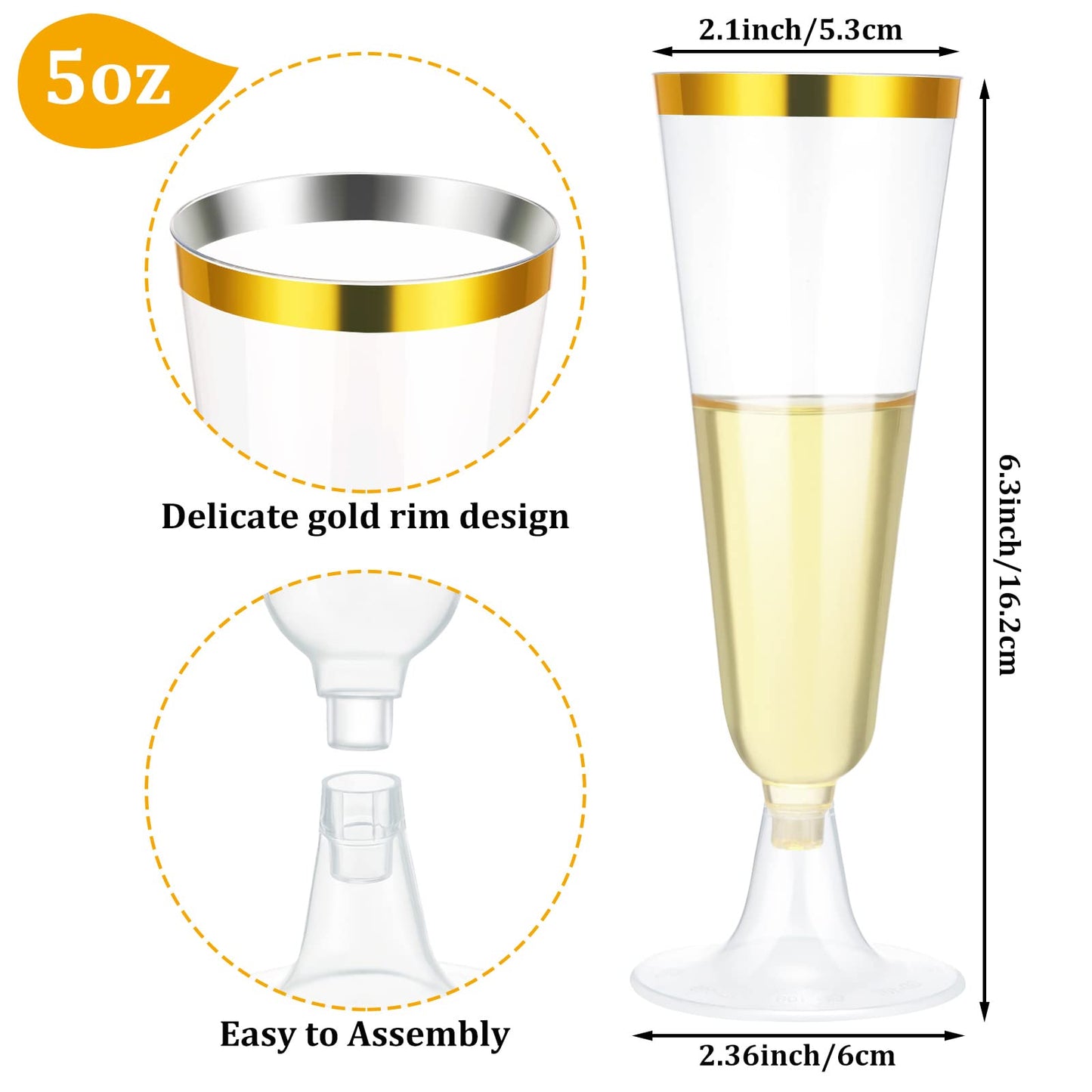 CHENGU 150 Pcs Champagne Flutes 5 Oz Plastic Disposable Champagne Flutes Crystal Wine Glasses Reusable Plastic Cocktail Cups for Wedding Celebration Toasting Drinking (Gold,Classic)