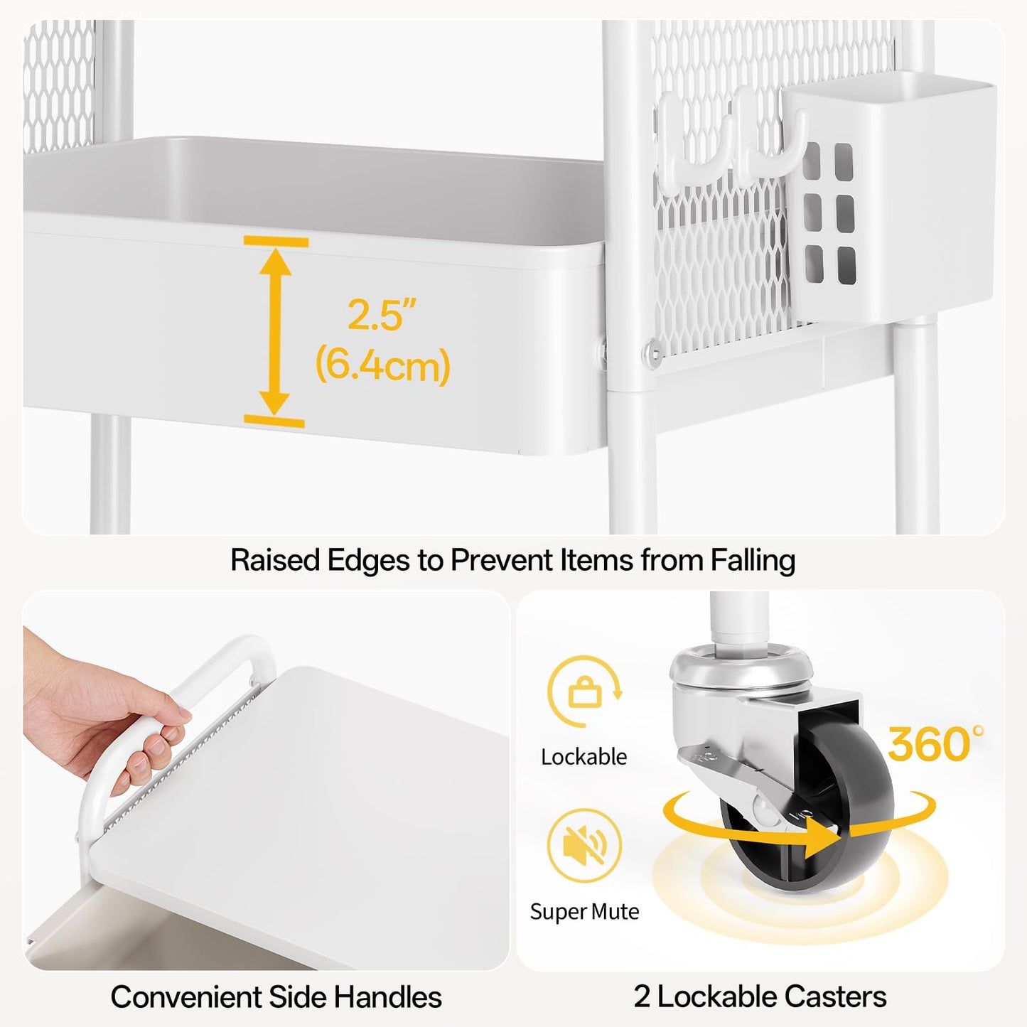 3 Tier Metal Rolling Utility Cart with Drawer & Pegboard - Multifunctional Storage Cart on Wheels with Tabletop, Hooks & Basket, Sturdy Craft & Art Cart for Bathroom, Bedroom, Children Room, White