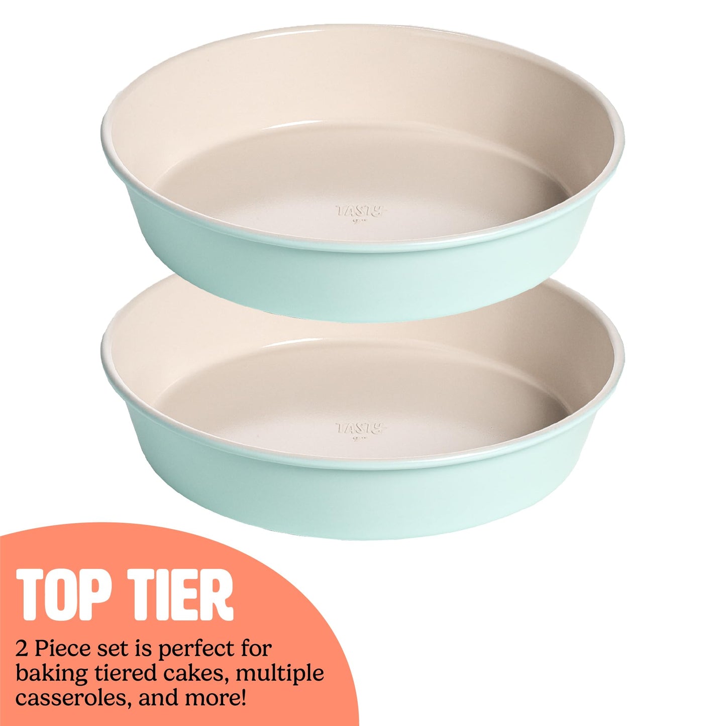 Tasty Clean Ceramic Round Cake Pans Set, 2-Pack of 9-Inch Cake Pans, Durable Aluminized Steel for Professional Results, Clean Ceramic Nonstick Coating, Oven Safe to 425°F, Dishwasher Safe, Aqua