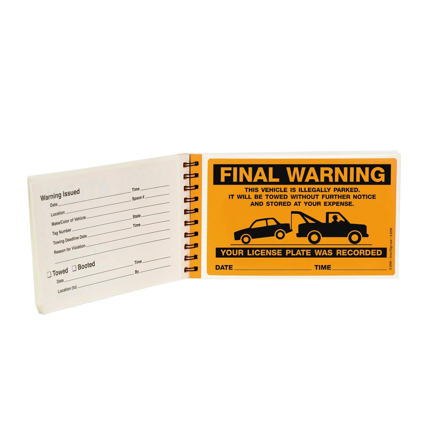 SmartSign Final Warning Parking Violation Stickers | Book of 50 Stickers with Liners, 5 x 8 inch, Vehicle Illegally Parked Sticker, Hard to Remove Write-On Tickets, Fluorescent Orange