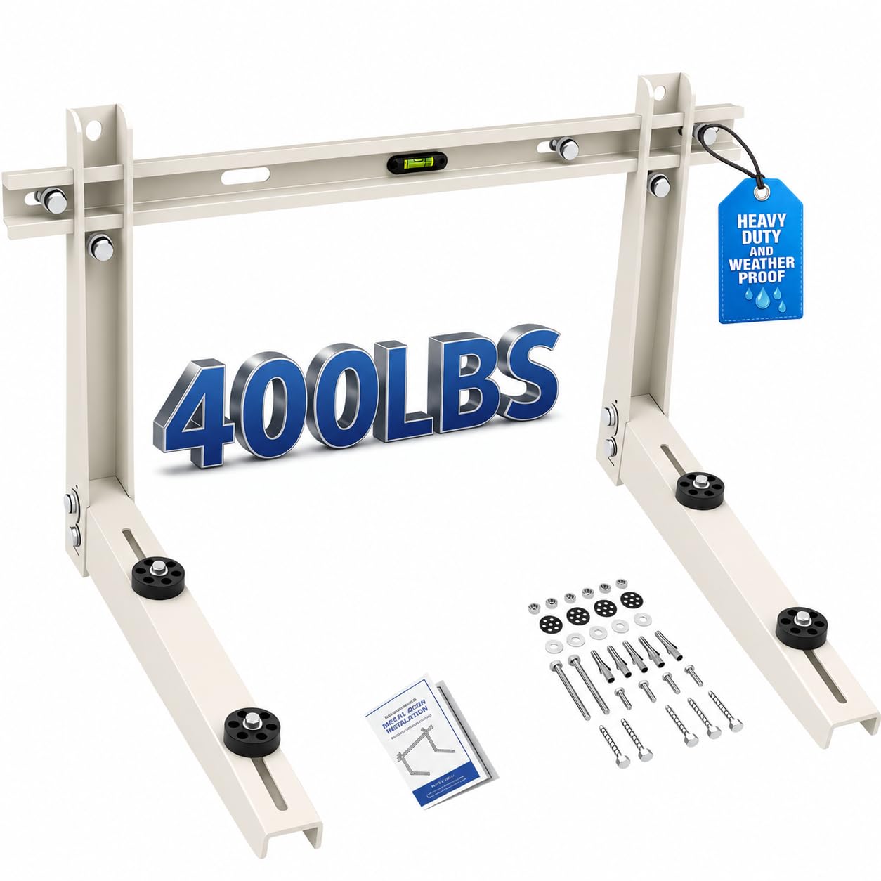 Heavy Duty Mini Split Wall Mounting Bracket for Outside, 400lb Load Capacity, Galvanized Carbon Steel, Dual Anti-Rust Coating, Leveling Bar, Anti-Vibration Pads, Fits 7000–12000 BTU AC Units