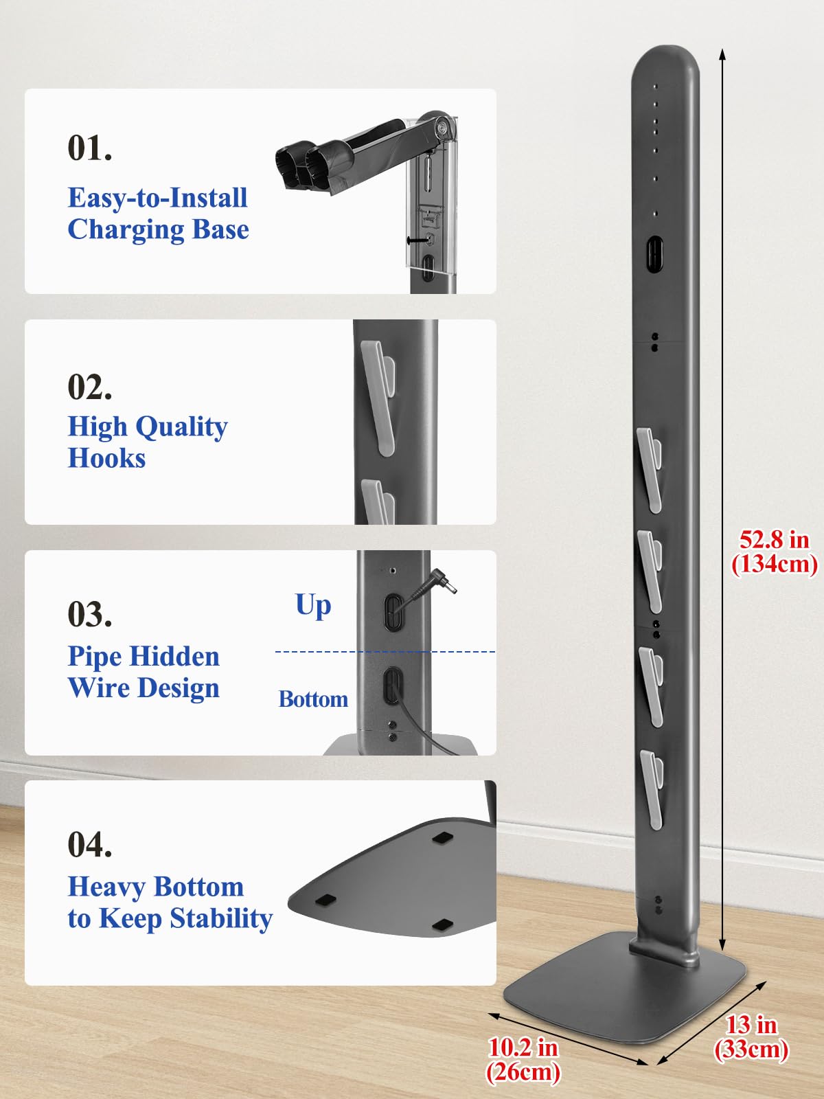 boailydi Sturdy Metal Vacuum Stand for Dyson Gen5 V15 V12 V11 V10 V8 V7 V6 , Freestanding Standing Holder w/Hidden Cable Design & 4 Hooks, Space-Saving Storage Rack for Cordless Vacuums, Deep Gray