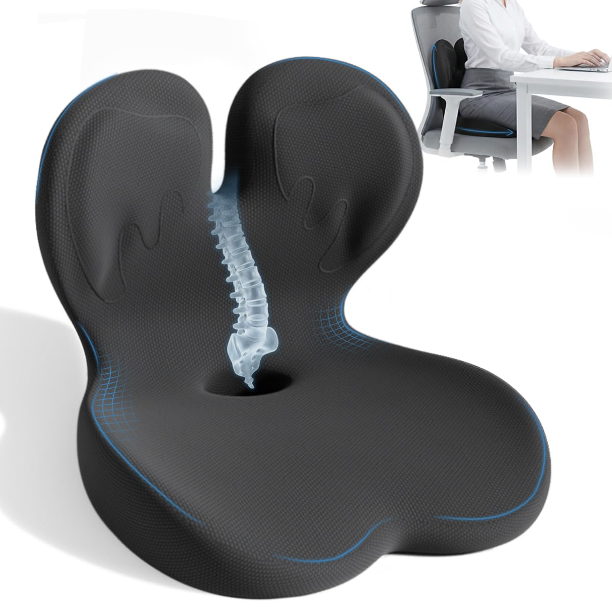 ECONVCE Memory Foam Seat Cushion,Orthopedic Ergonomic Seat Cushions for Tailbone,Sciatica, and Back Pressure Relief,L-Shaped Design & Adjustable Strap,Lumbar Support Pillow for Office,Car,Desk Chair