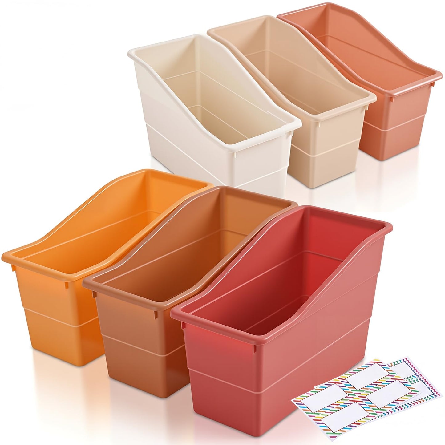 Blosssound 6 Set Book Bins for Classroom with Label Sticker Book Box Baskets Plastic Stackable Organizing Bins Storage & Organization for Classroom Library Home School Supplies (Earth Tones)