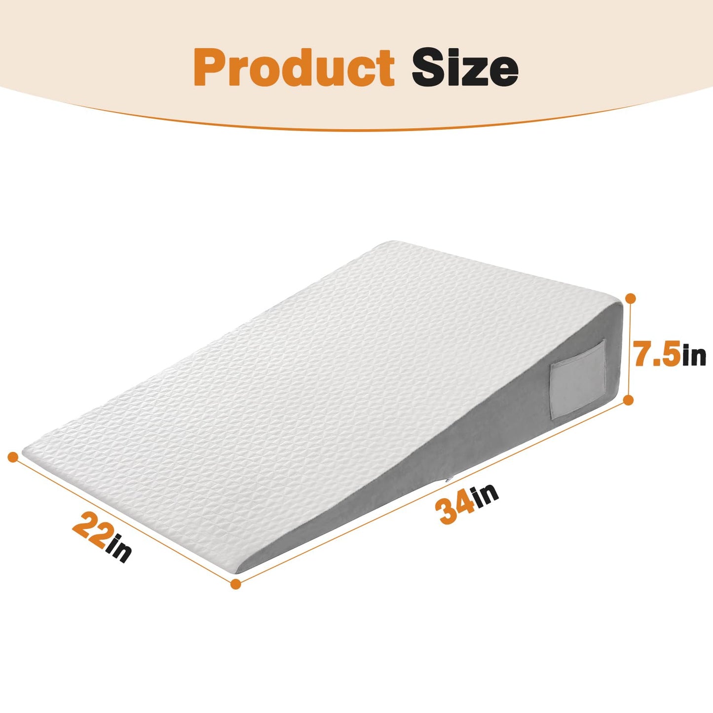 Vekkia 34" Extra-Long Wedge Pillow, Back & Arm Support, Bed Wedge Pillow for Sleeping After Surgery, Acid Reflux, Snoring Relief, Removable Washable Cover & Double Side Pockets, 7.5" Height, Gray