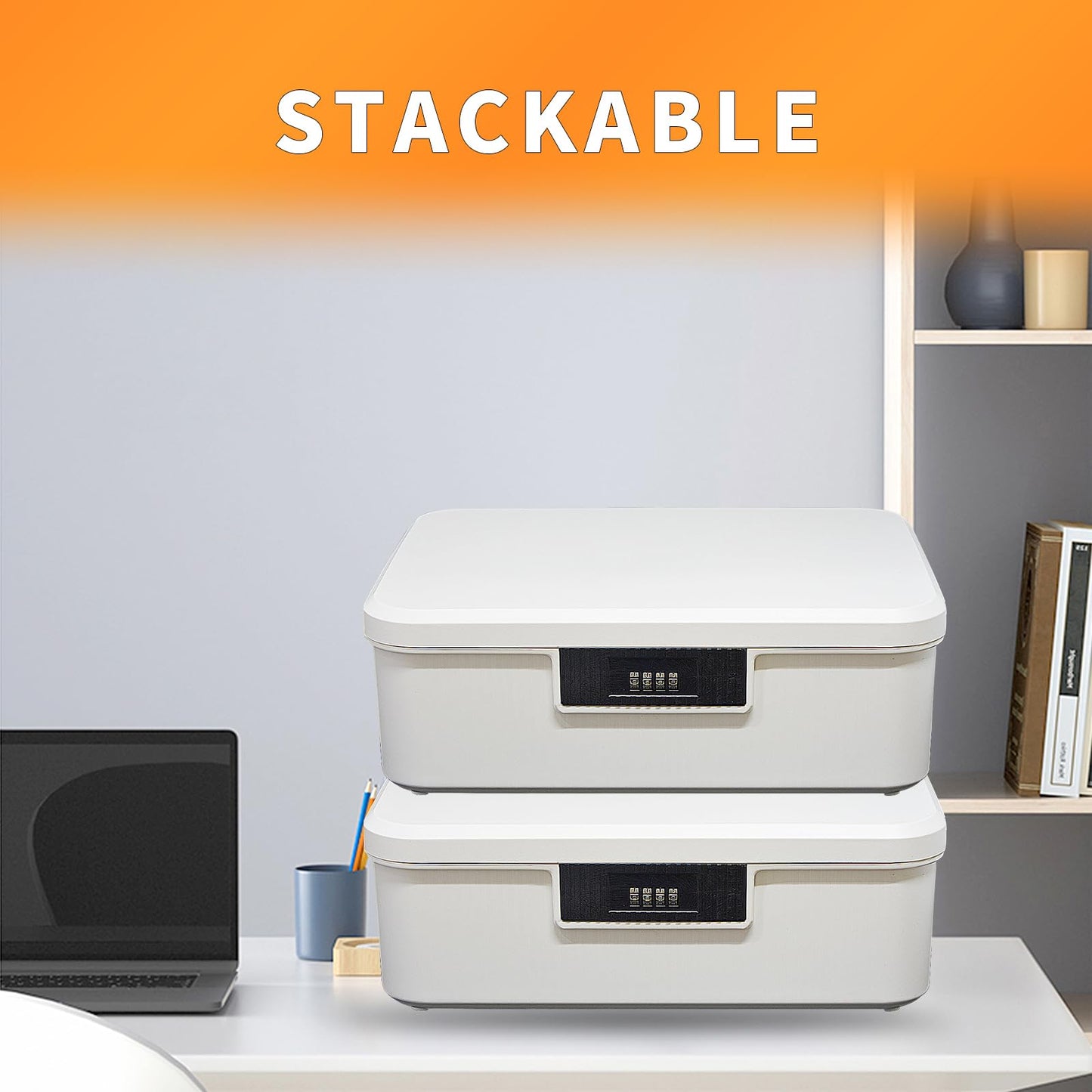 Qiveno Lockable Storage Container Bin, 4.2 Gallon Capacity Organizer Box with Combination Lock, Heavy Duty Plastic Trunk, Usable As Item Organizer Or Office File Storage(White)