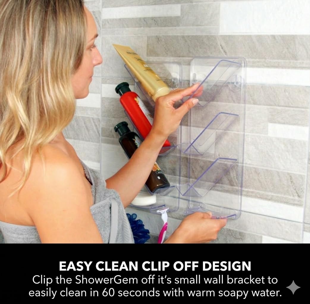ShowerGem Shower Caddy, Fast 30-Second Installation, Made for Busy Homes, Elderly & Limited Mobility, Acrylic Adhesive Shower Shelf & Bath Organizer, No Drill Rust Proof Storage for Shampoo's up to 1L