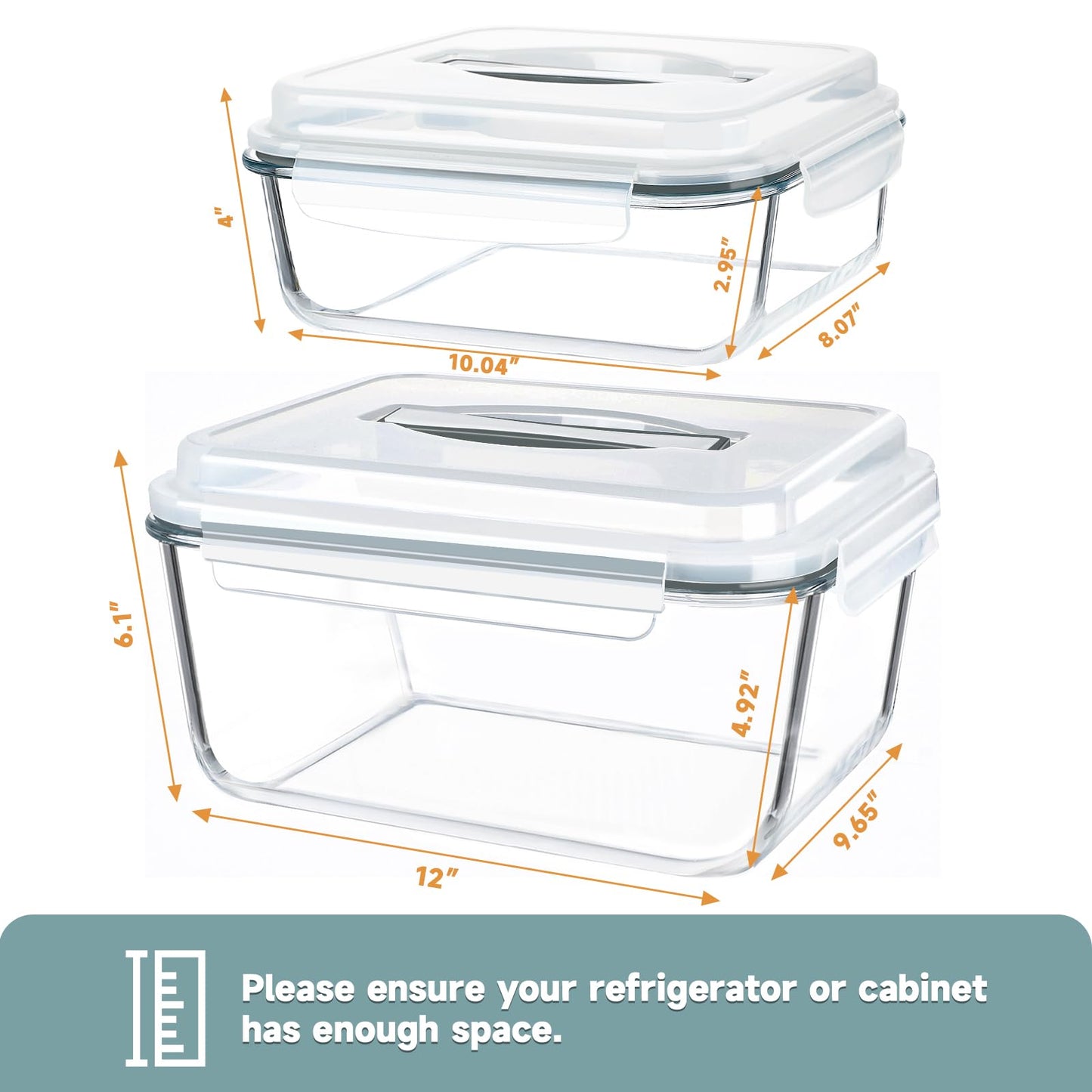 KOMUEE 2 Pack 220oz+76.4oz Extra Large Glass Food Storage Containers Set with Airtight Lids, Big Glass Meal Prep Containers, Ideal for Storing Rotisserie Chicken, Lasagna,Salads, Leak-proof & BPA-Free