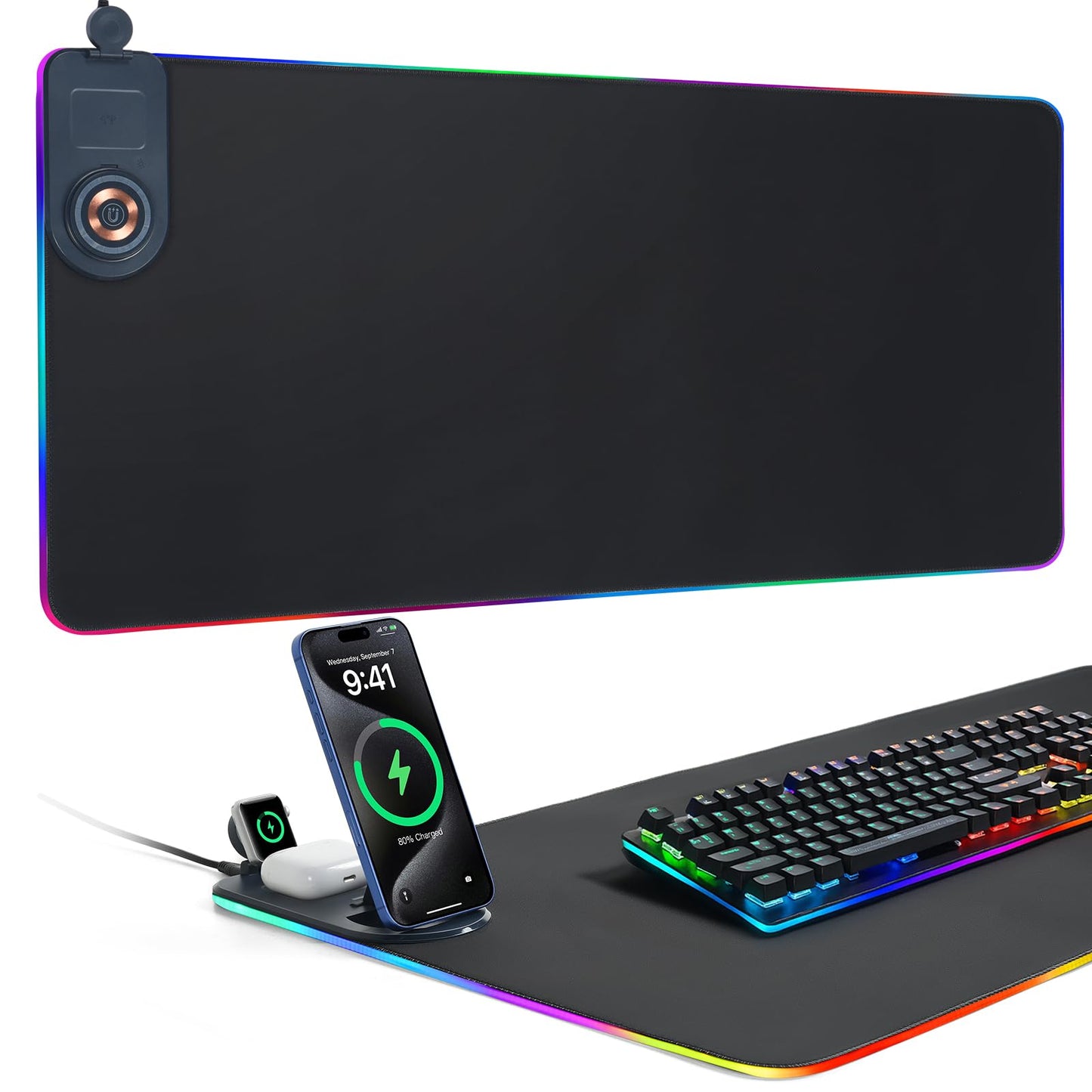 ELUTENG 4-in-1 RGB Gaming Mouse Pad with Phone Holder, Wireless Charging Desk Mat, Waterproof Ultra-Smooth Large Keyboard Pad, Non-Slip Base Home Office Desk Mat 35.43"x15.75"