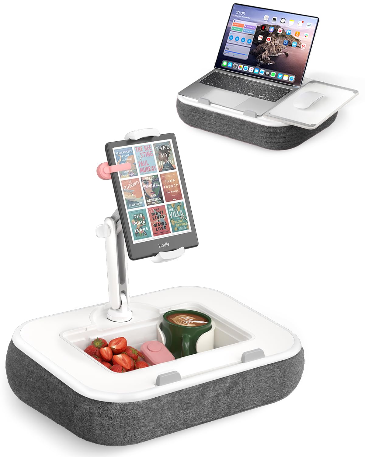 SupeDesk Laptop Lap Desk, Adjustable iPad Holder for Bed, 360° Swivel Tablet Arm, Laptop Desk with Mouse Pad, Snack Bowl & Cup Holder, Fits 4.7–13” Tablets & 15” Laptop