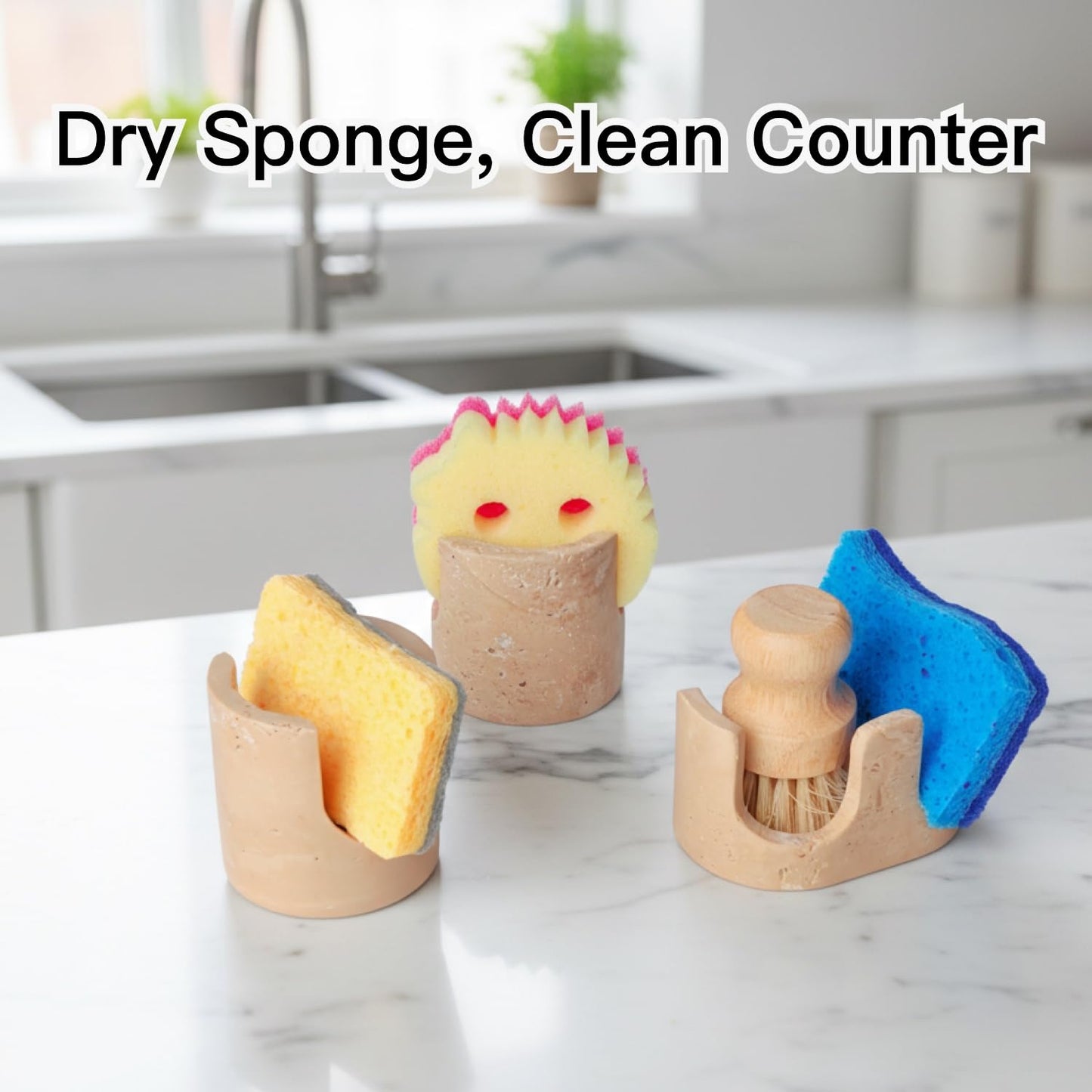 2 in 1 Travertine Sponge Holder, 2 Slot Natural Stone Sink Organizer with Raised Edge to Catch Drips,Keeps Sponges Dry & Countertop Clean, Heavy&Stable with Anti-Slip Base, Kitchen Decor,Double, Beige