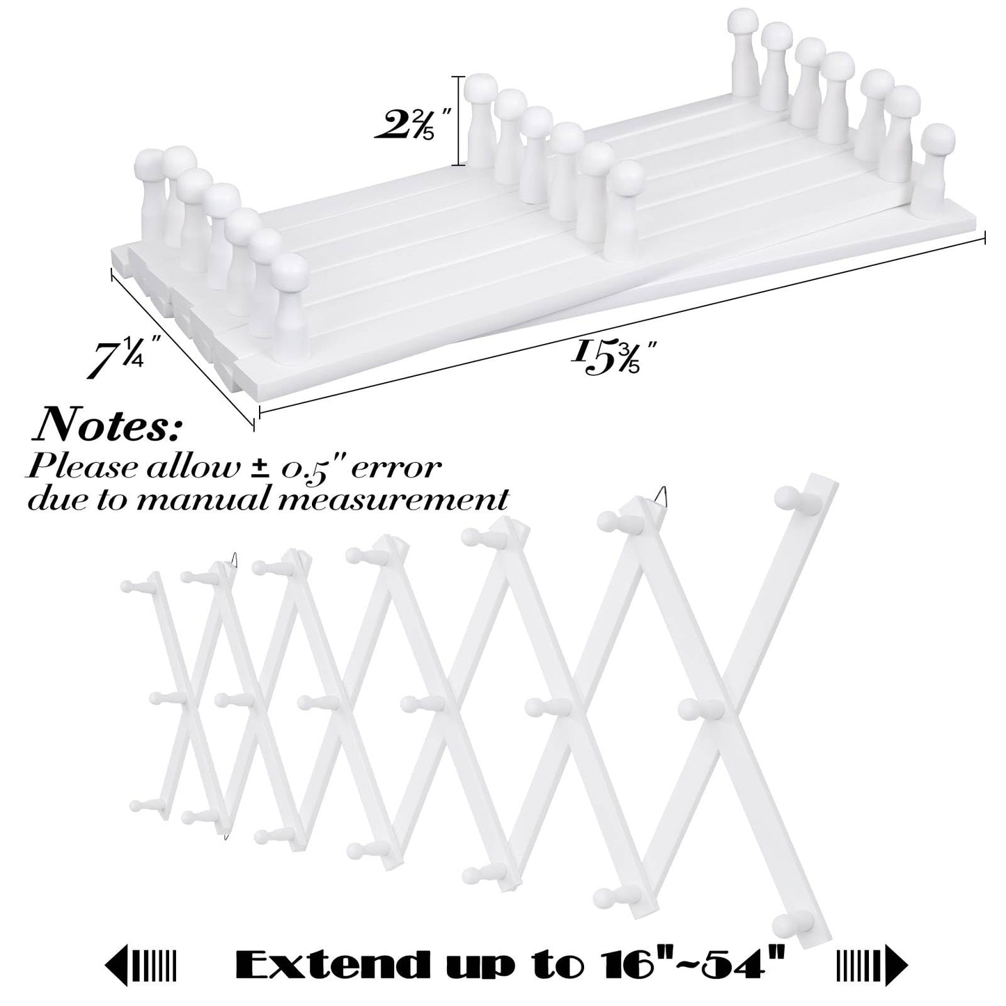 SCUNDA Wall Rack with 20 Hooks, Wooden Wall Expandable Coat Rack for Coat, Hats, Baseball Caps, Coffee Mug, Jewelry(White)