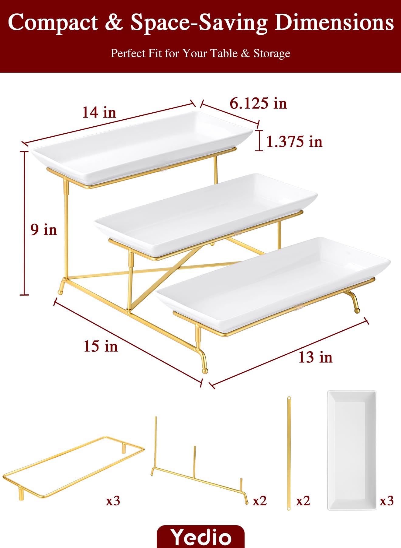 Yedio 3 Tier Serving Tray Set 14 Inch Porcelain Tiered Serving Platters, Collapsible Sturdier Stand with Stable Cross Bars, Three Layer Serving for Party Entertaining Food Display Fruit Dessert