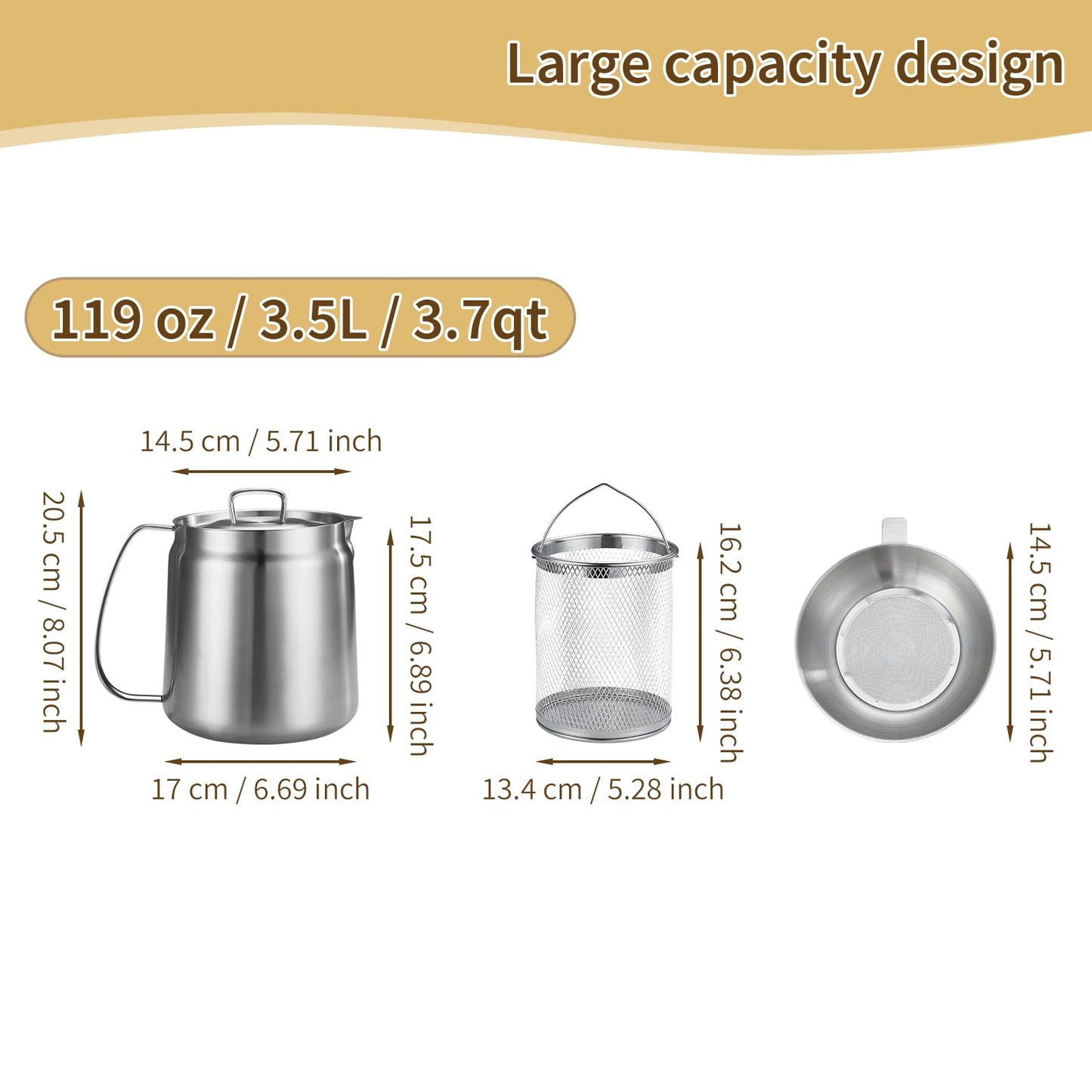 119oz 304 Stainless Steel Deep Fryer Pot with Basket & Strainer, Large Capacity Bacon Grease Container for Kitchen,Frying, Cooking, Camping,Oil Filter Container - Dishwasher Safe (119oz/3.5L/3.7Qt)