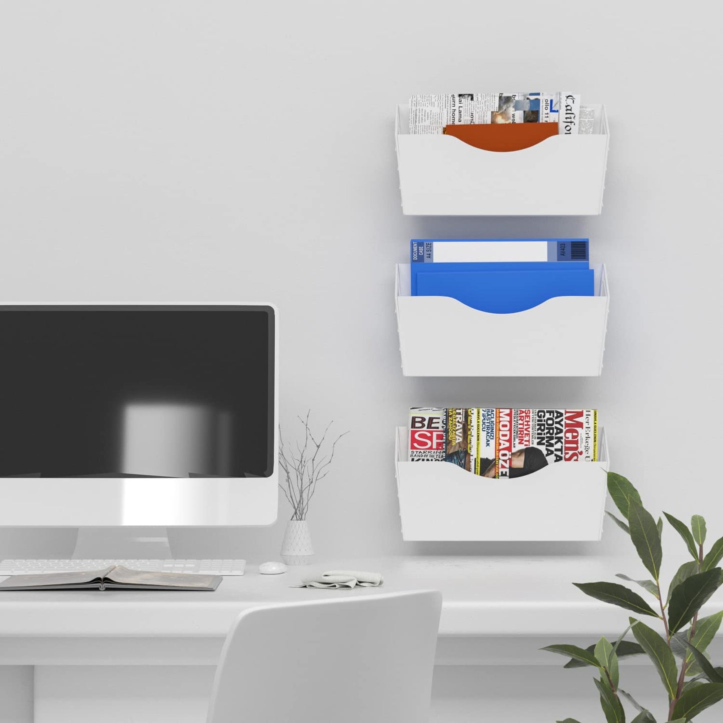 BSJYMJIAJU 3 Pockets Magnetic File Holder for File Cabinets, Refrigerator, Whiteboard, Paper Organizer, Mail or Folder Holder,Magazine Rack,Wall Mount Hanging Mail Organizer (white)