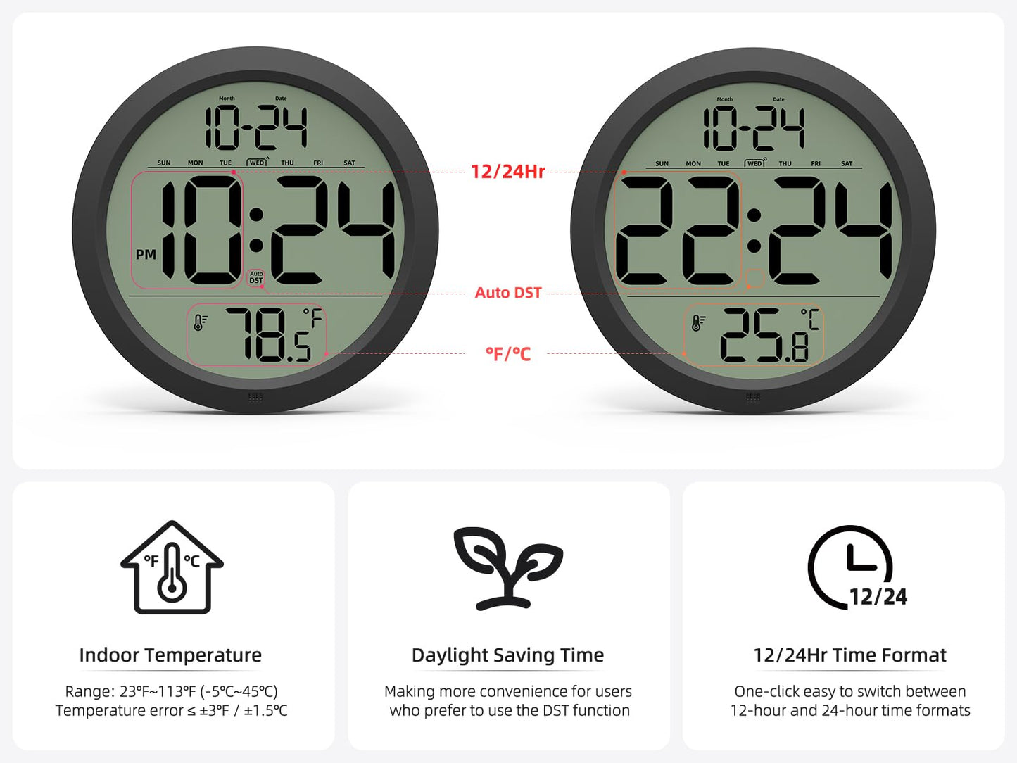 Digital Wall Clock Battery-Operated, 8 Inch Small Decorative Modern Wall Clock with Date, Temperature, Auto-DST, Silent Electric Wall Clock for Bedroom, Living Room, Kitchen, Office, Farmhouse -Black