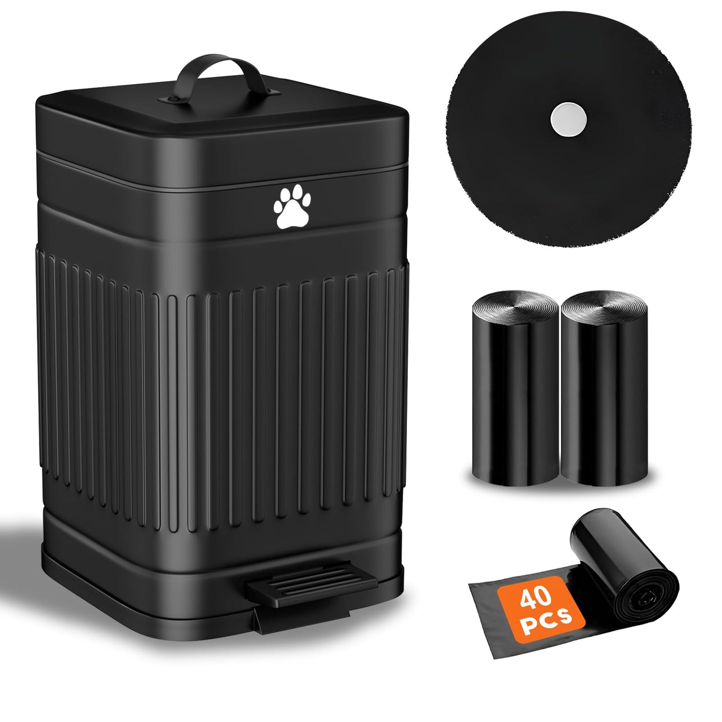 Kopuncare Dog Poop Trash Can Outside, 5L/1.3Gal Metal Dog Waste Trash Can with Lid, Foot Pedal, Pet Waste Container with 40 Bags, Poop Bucket with Lid Soft Close for Pet, Black