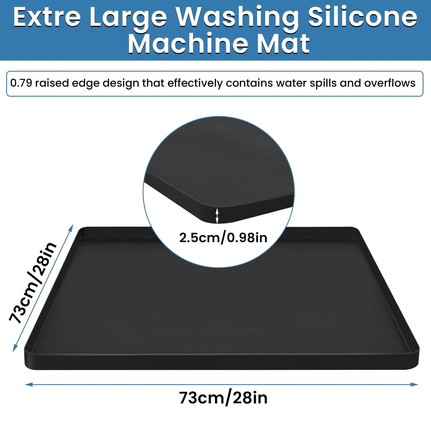 Large Washing Machine Mat 28" x 28" Silicone Under Washer and Dryer Drain Pan Drip Tray Floor Protector Non-Slip Flexible Soft Mat Waterproof Raised Edge 0.98'' Black