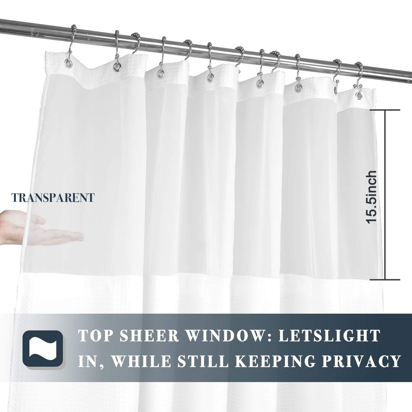 N&Y HOME Waffle Weave Shower Curtain with Snap-in Fabric Liner Set, 12 White Hooks Included - Hotel Style, Waterproof & Washable, Heavyweight Fabric & Mesh Top Window - 71x72, White