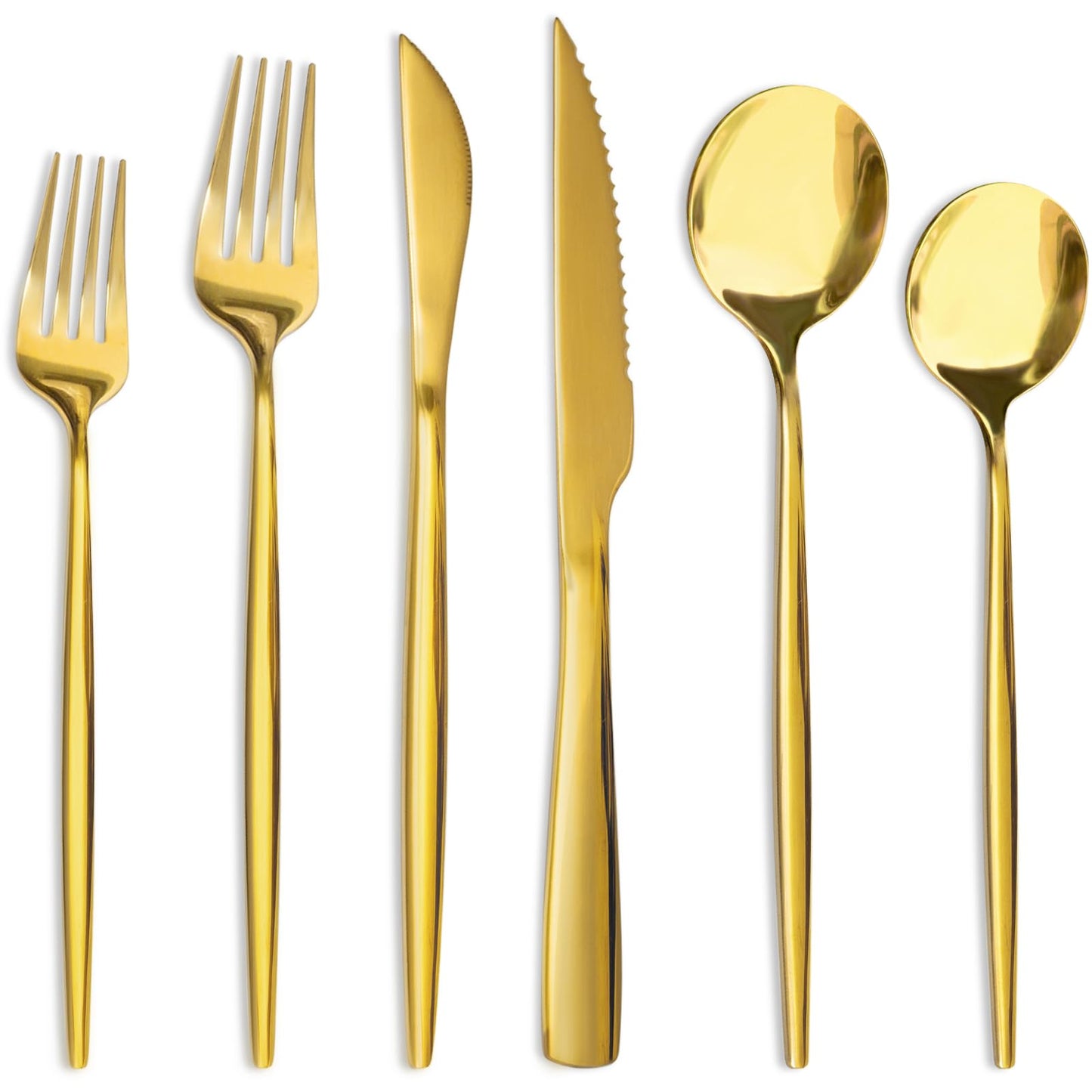 Astercook 24-Piece Gold Silverware Set with Steak Knives Flatware Set for 4 Food-Grade Stainless Steel Cutlery Set Mirror Polished Utensils Set Include Spoons and Forks for Home Kitchen Restaurant
