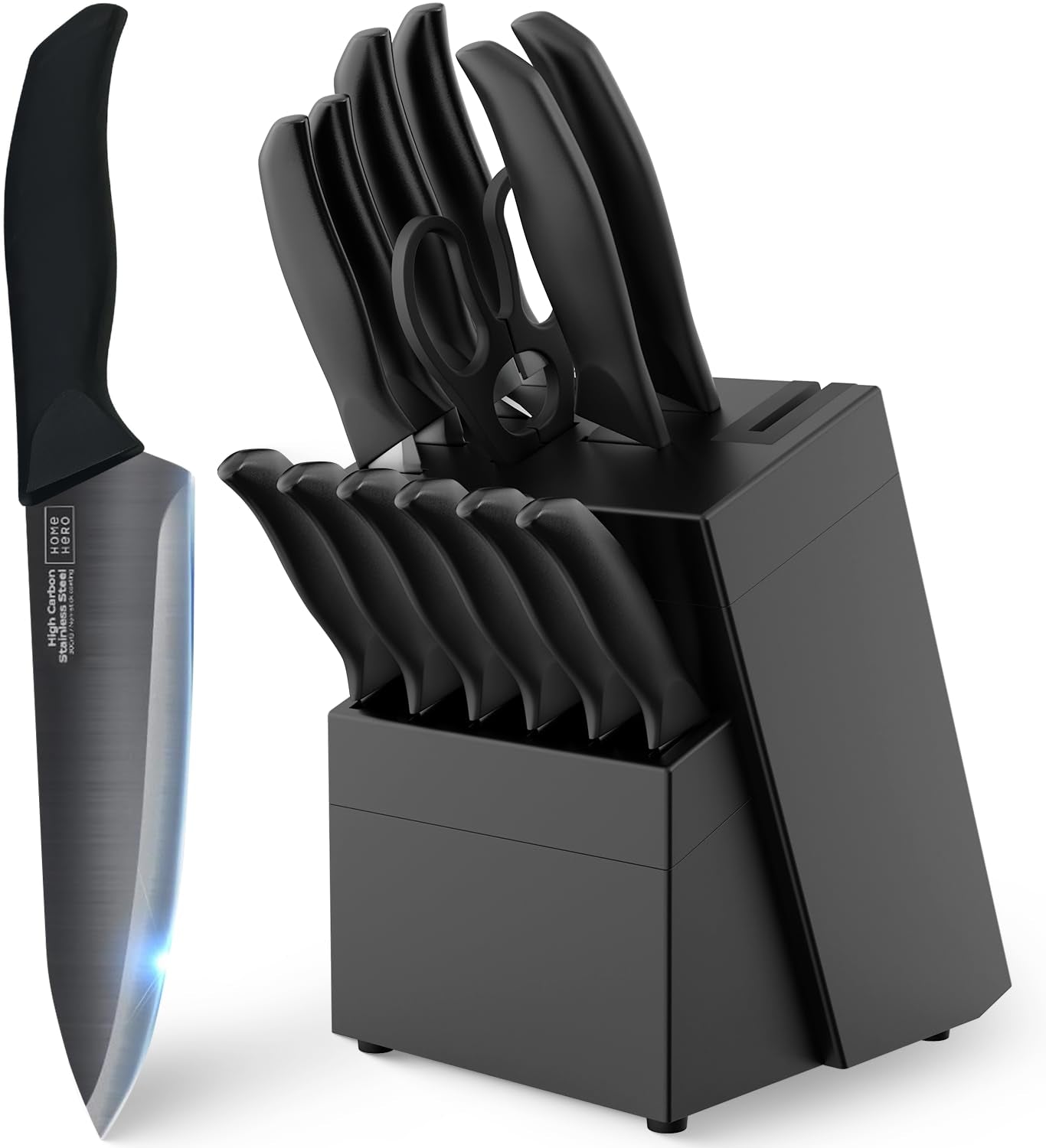 Home Hero Kitchen Knife Set - 15 PCS Black Knife Set with Block and Sharpener - Stainless Steel Knife Set - Ergonomic Handles - Includes Steak Knives Set of 6 - Knife Block Set for Kitchen