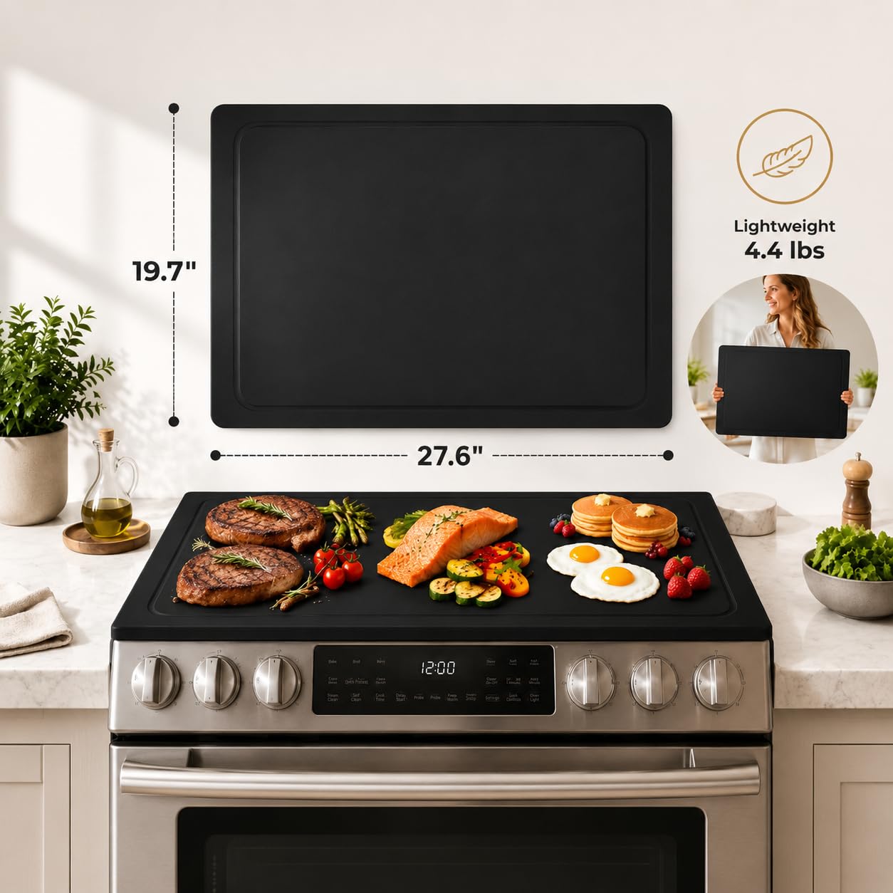 Wood Stove Cover for Electric Stove & Gas Range, 27.56" x 19.69" Black Lightweight Stovetop Cover with Built-In Handles, Juice Groove, Smooth Flat Surface for Extra Counter Space