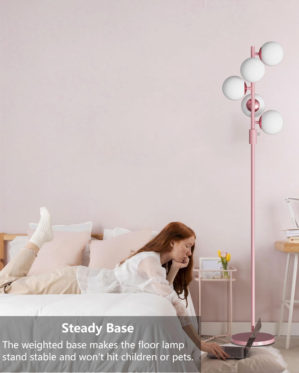 ACOHOOK 64IN Dimmable Pink Floor Lamp, Tall Standing Lamps with 5 Globe Soft Warm White Eye Care 3000K G9 Bulbs, Mid Century Modern Floor Lamp with 5Lbs Heavy Base for Living Room Bedroom Office