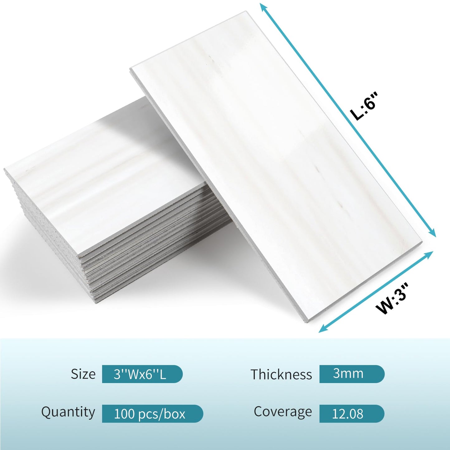 Vamos Tile 100-Piece Glossy Dolomite White Peel and Stick Backsplash Tile,3''x6'' PVC Subway Tile with White Grout, Stick on Backsplash for Kitchen/Bathroom/Fireplace