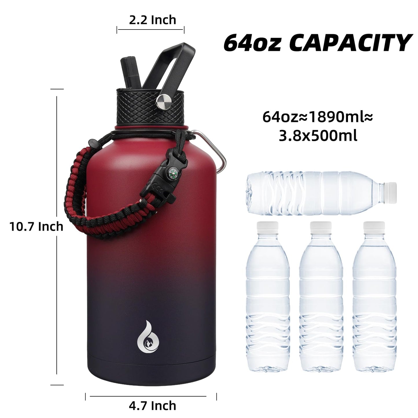 BJPKPK Half Gallon Insulated Water Bottles with 3 Lids and Paracord Strap, 64oz Large, Stainless Steel Water Bottles with Straw Lid, Half Gallon Water Jug,Charming Red