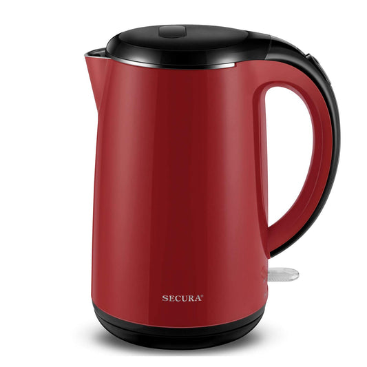 Secura Original Stainless Steel Double Wall Electric Water Kettle 1.8 Quart with Auto Shut-Off & Boil-Dry Protection, Red SWK-1701DR/HB-3227B
