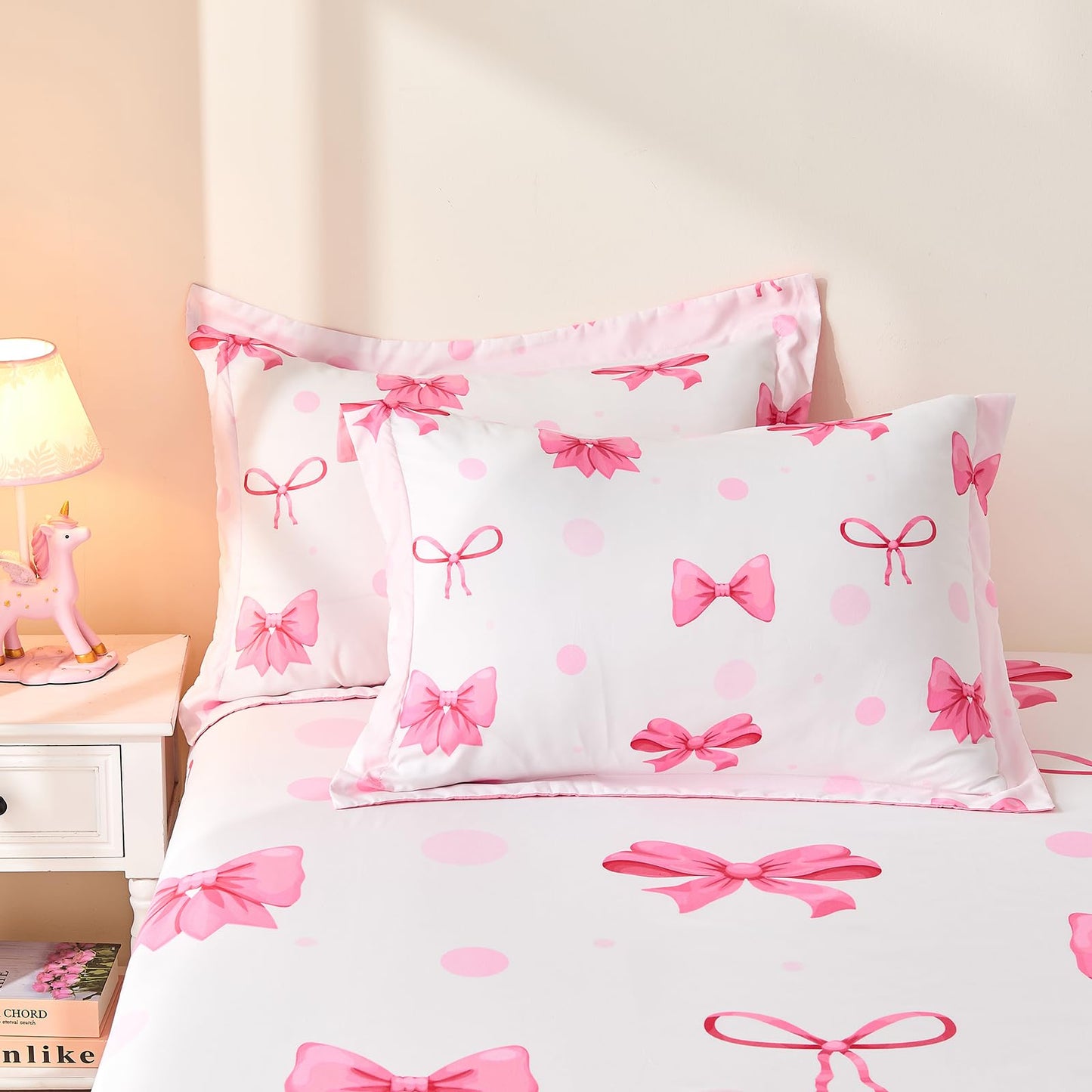 Wajade 7 Piece Pink Bow Bedding Set for Girls Kids Twin Size Comforter Set with Sheet and 2 Pillowcases 2 Pillow Shams Cute Girls Bed in a Bag as Birthday Choice