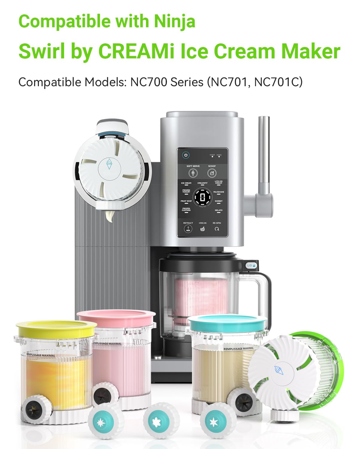 Mbetter 4 Pack for Ninja Creami Swirl Pints and Lids Compatible with Ninja NC700 Series, NC701, NC701C, Creami Containers for Swirl Ice Cream & Soft Serve Makers, BPA-Free, Dishwasher Safe, colorful