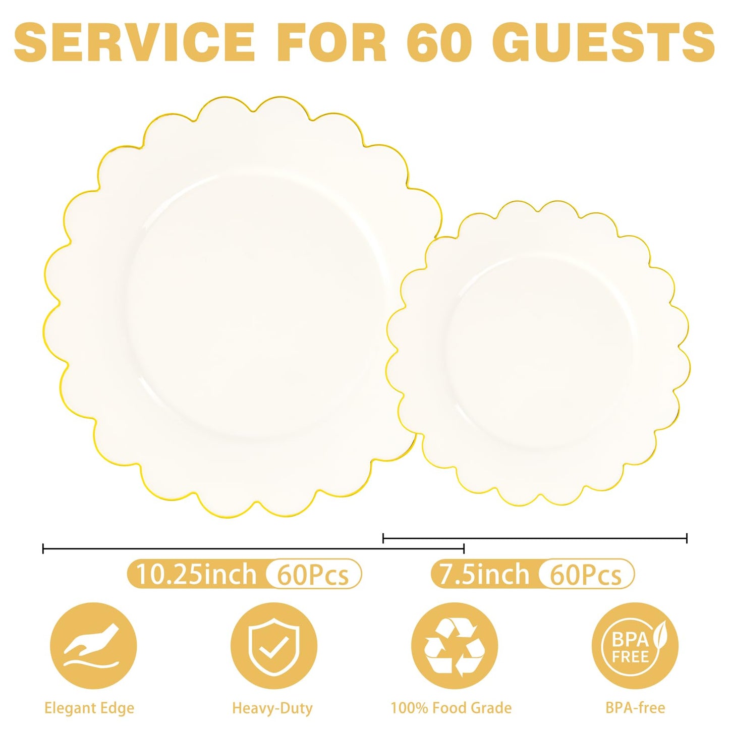 LIYH 120 Pcs Ivory Scalloped Plastic Plates Disposable - Ivory and Gold Plastic Plates - Gold Fancy Disposable Party Dinner & Dessert Plate for Wedding Birthday