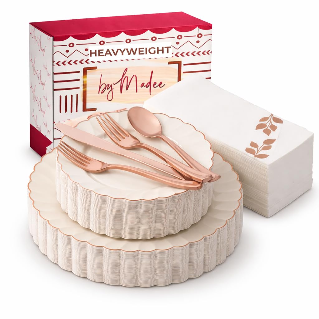 By Madee HEAVYWEIGHT 175 Pc Fancy Disposable Dinnerware Set | Ivory Rose Gold Scalloped Plates and Napkins, Cutlery Elegant Disposable Plates Set for Wedding, Bridal Shower, Baby Shower (25 Guests)