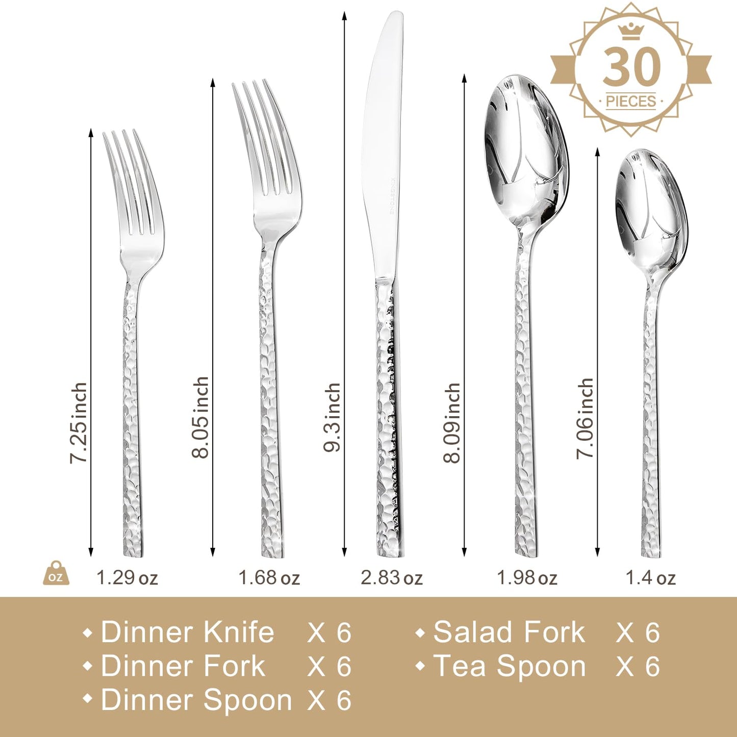 KINGSTONE 30 Piece Hammered Silverware Set, 18/10 Stainless Steel Flatware Set for 6, Cutlery Set for Home, Party, Wedding, Mirror Polished Dishwasher Safe