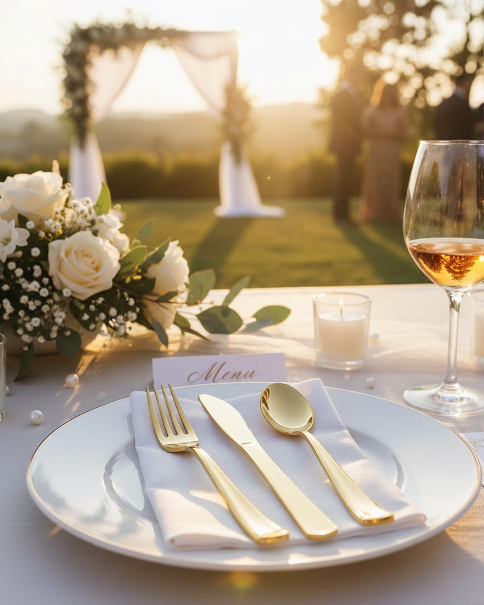 bUCLA 600 Pieces Gold Plastic Silverware - Disposable Gold Utensils - Heavy Duty Plastic Cutlery set- 200 Forks, 200 Spoons, 200 Knives for Party & Wedding