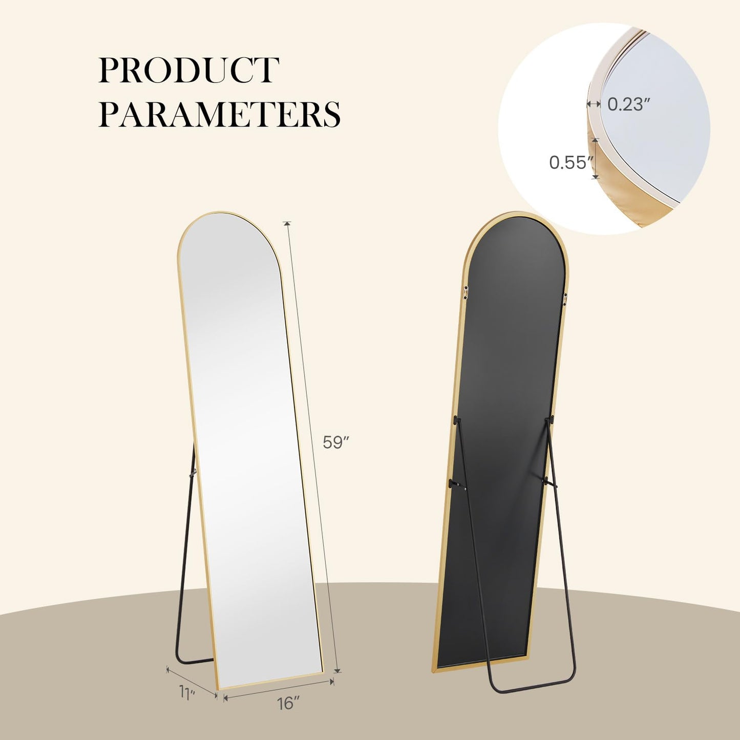NEWBULIG 59"x16" Arched Full Length Mirror, Full Body Floor Mirror with Aluminum Alloy Thin Frame, Wall or Standing Mirror for Bedroom, Living Room, Dressing Room, Gold