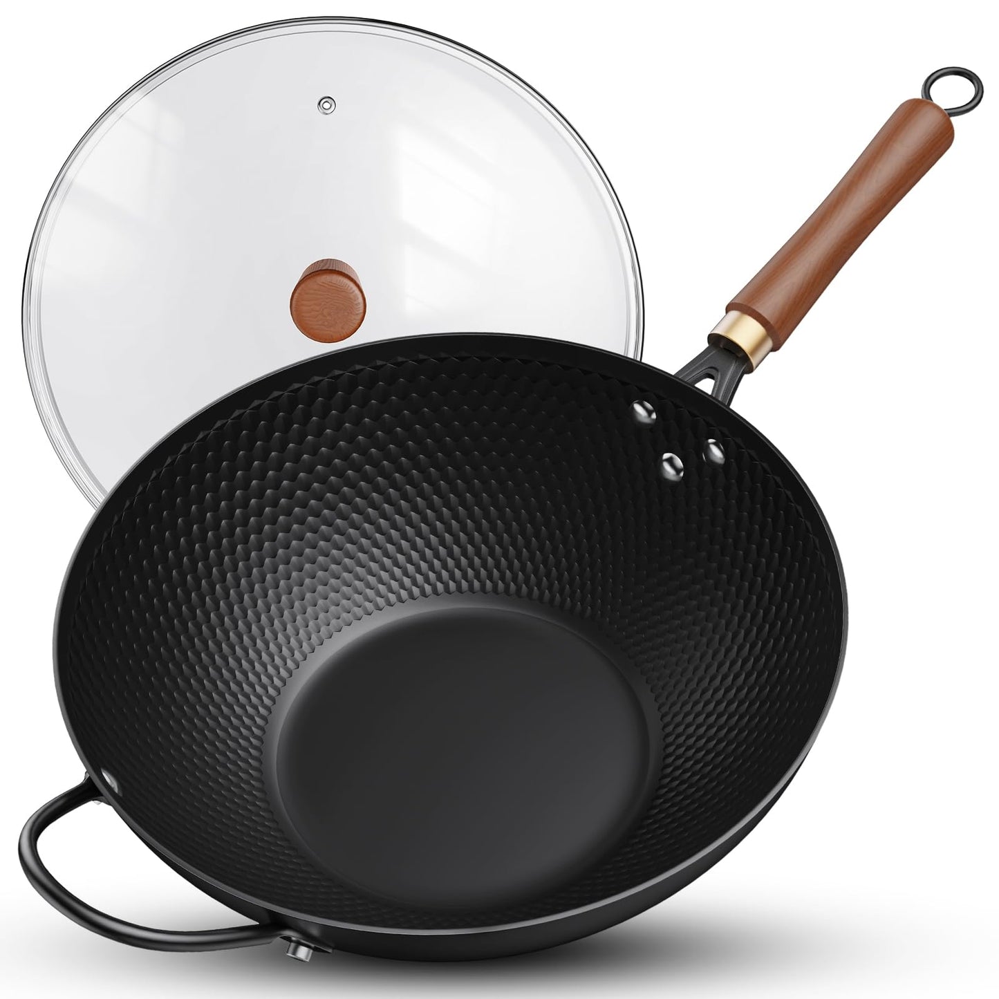 Todlabe 13-Inch Carbon Steel Wok Pan with Glass Lid, Naturally Nonstick Pre-Seasoned Woks & Stir-Fry Pans, No Chemical Coating, Flat Bottom for Induction, Gas, Electric, Halogen & All Stoves