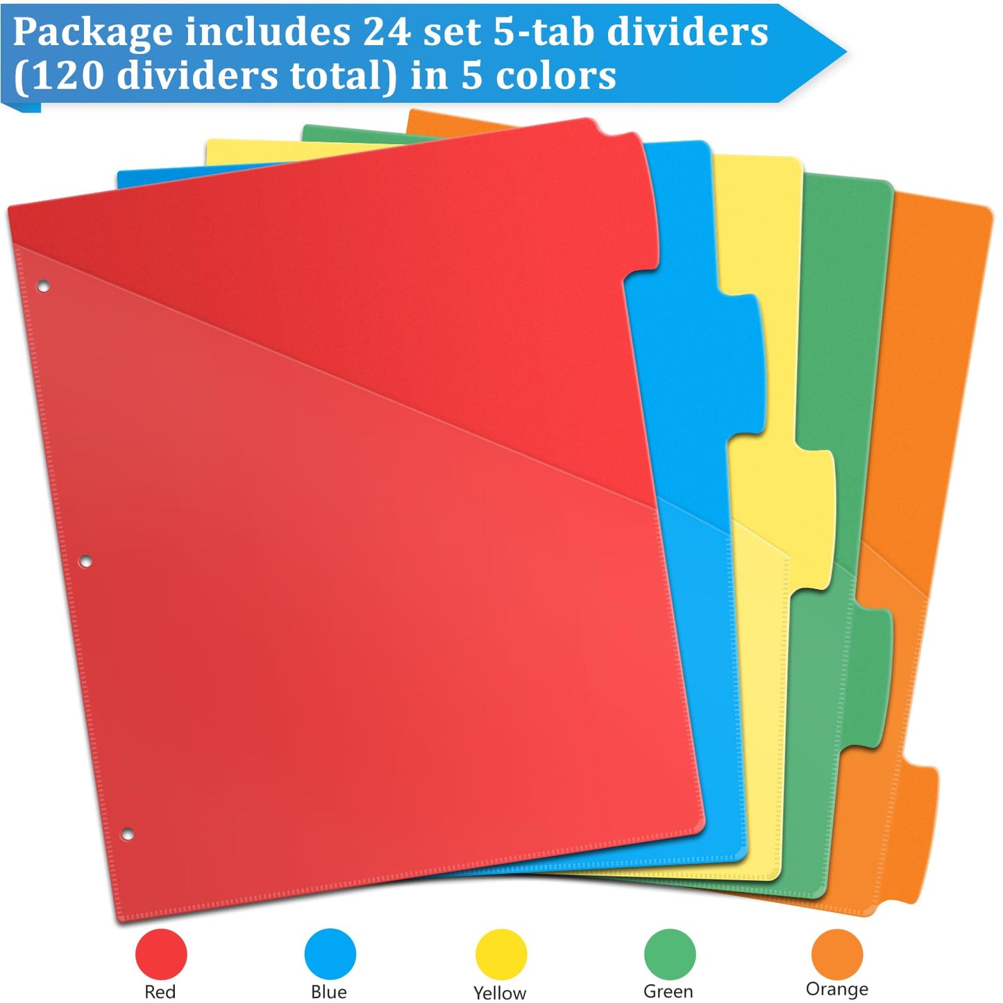 V-Opitos 24 Set 5-tab Index Dividers for 3 Ring Binders, Plastic Dividers with Clear Front Pocket, 120 Pcs Multicolor Dividers for School & Office Supplies